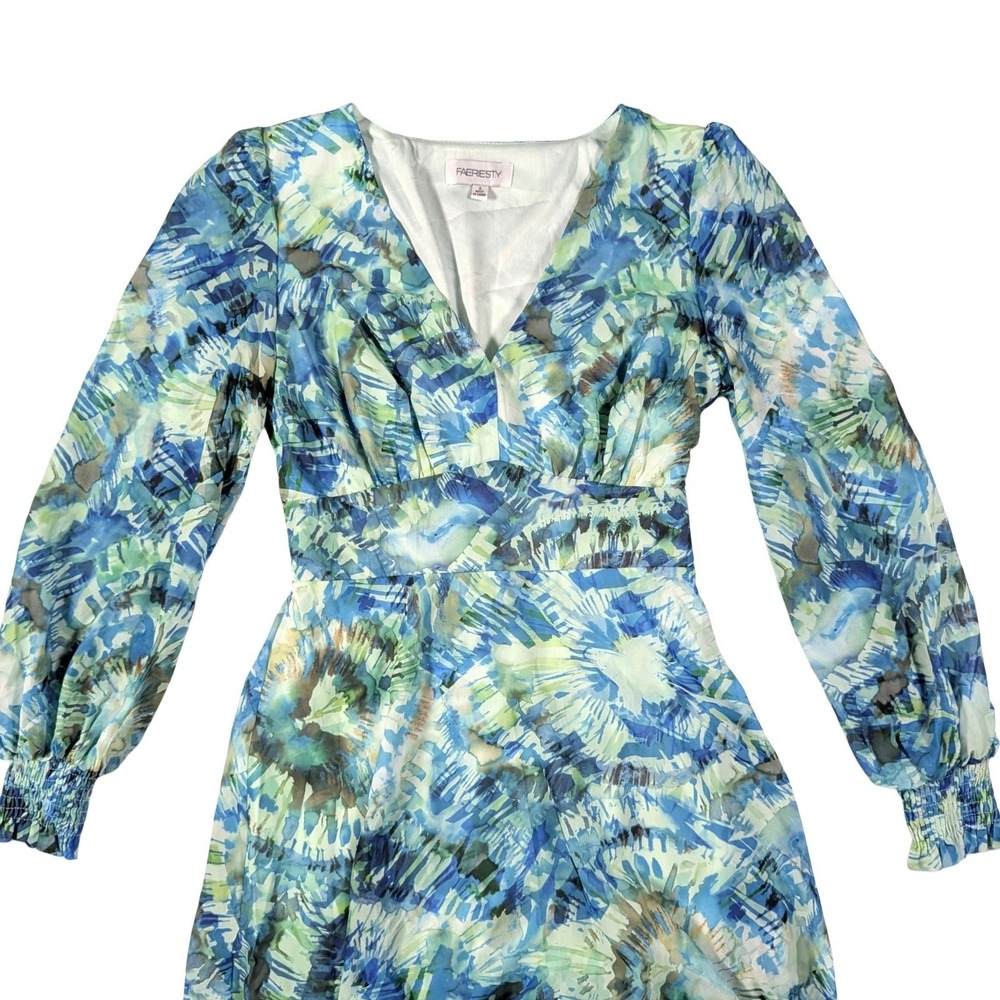 Faeriesty Blue Green Floral Maxi Dress V Neck Balloon Sleeve Whimsical Cottage S - Picture 6 of 13